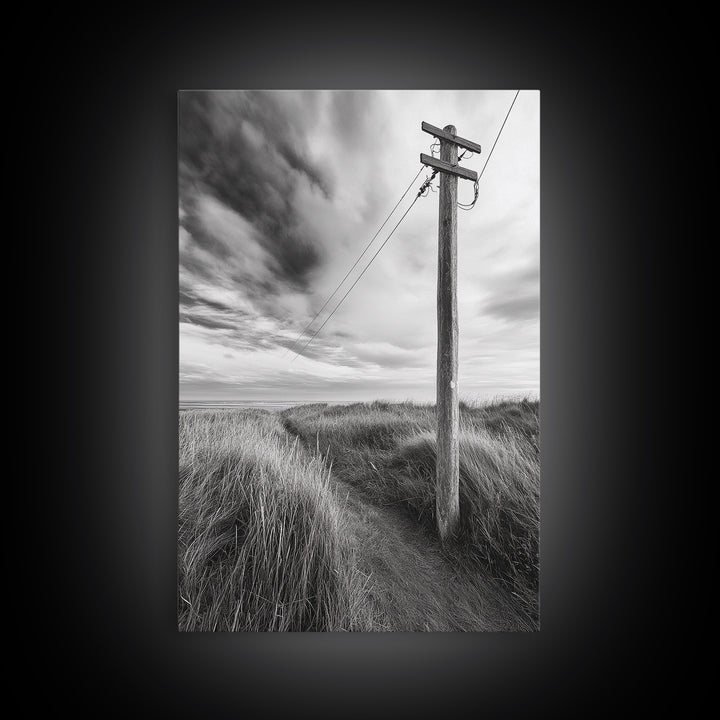 Coastal Path, Telephone Pole, Cloudy Sky, Minimal Nature Scene, Canvas Print, Entryway Wall Art, Rustic Landscape Photography Decor