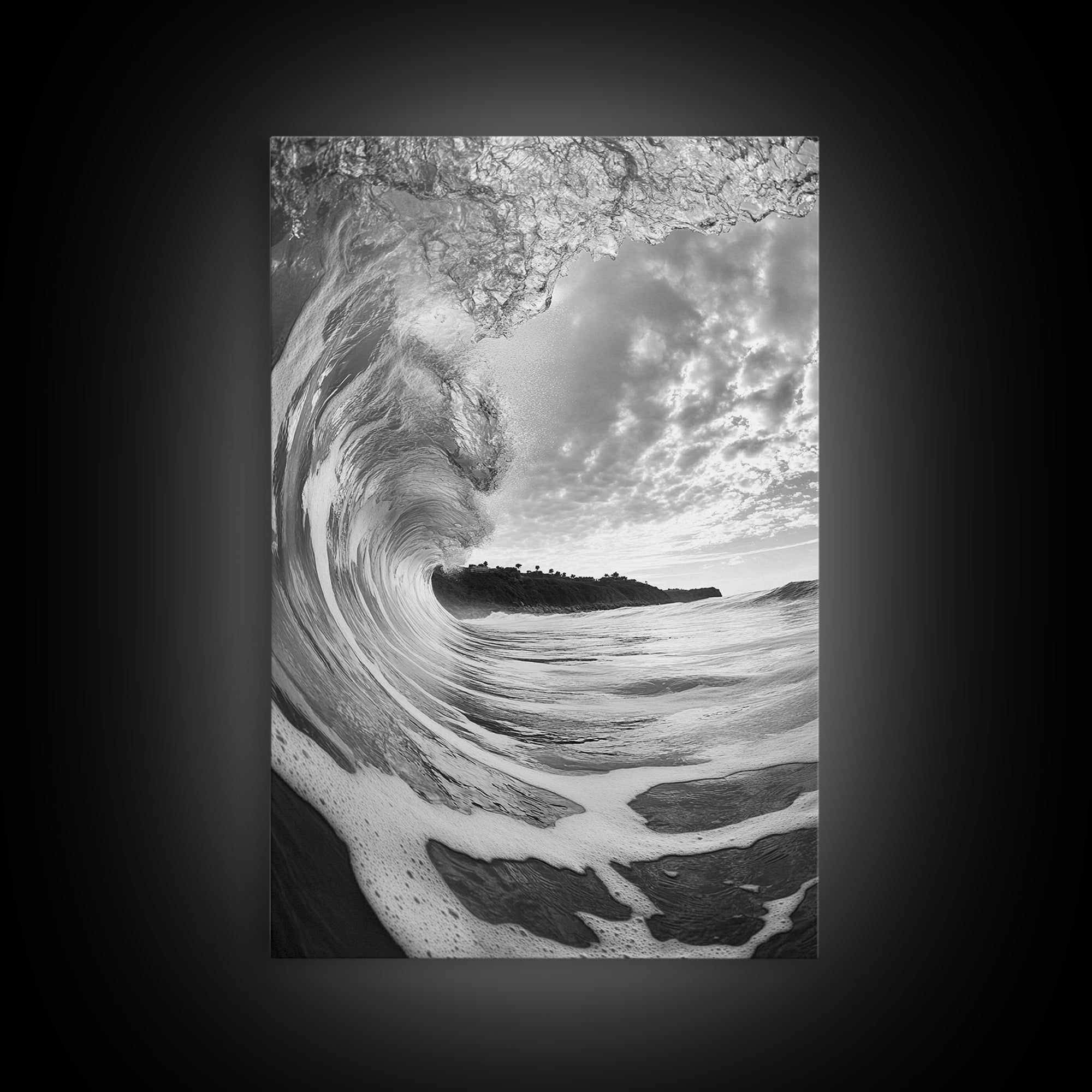 Ocean Wave Tunnel, Surfer's Eye View, Coastal Landscape, Bathroom Wall Art, Adventure Vibes, Framed Canvas Print, Black White Photography