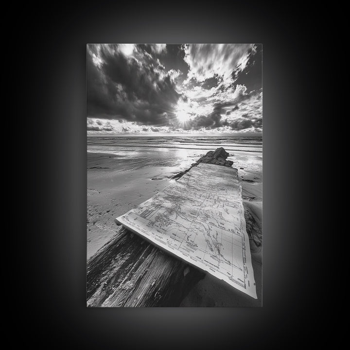 Map On Beach, Travel Adventure Art, Wanderlust Decor, Coastal Office Style, Framed Canvas Print, Explorer Aesthetic, Black White Scene