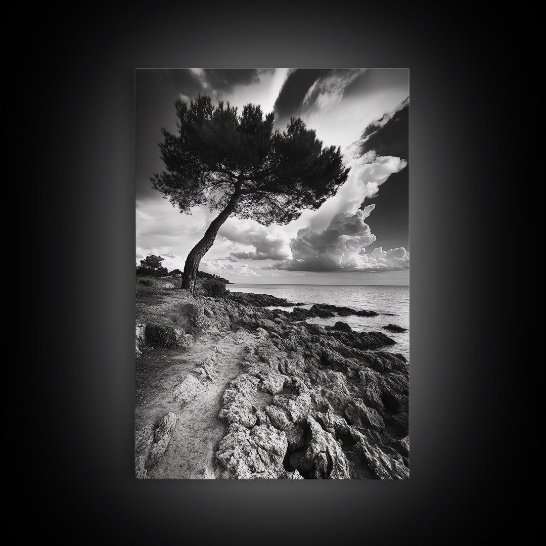 Wind Bent Tree, Coastal Cliff, Solitary Beauty, Canvas Print, Nature Photography Wall Art, Minimalist Earthy Decor, Moody Landscape