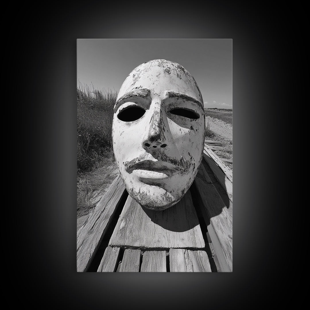 Weathered Mask, Coastal Surreal, Driftwood Dream, Canvas Print, Abstract Wall Art, Rustic Home Decor, Boho Artistic Style