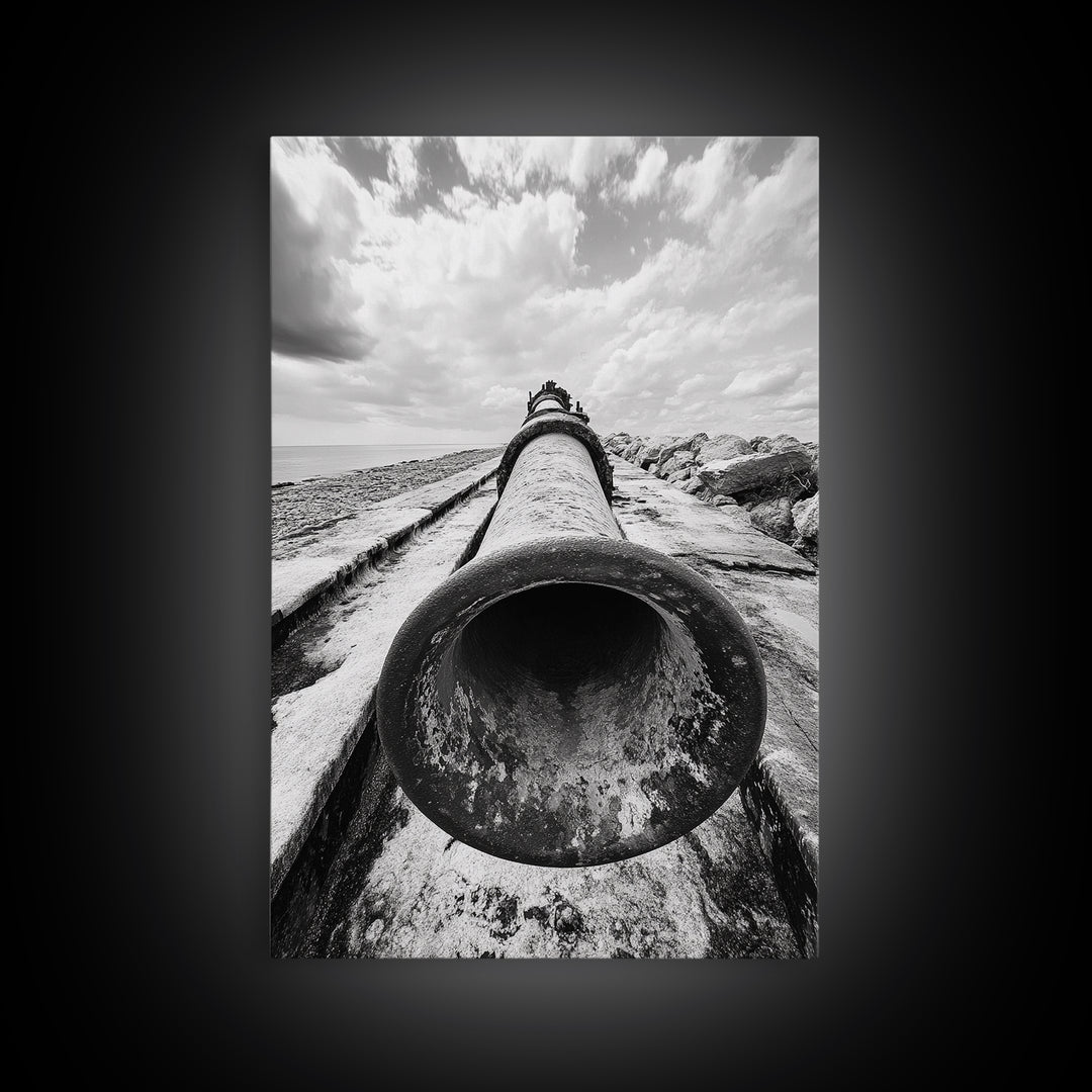 Abandoned Pipe, Coastal Decay, Industrial Remains, Framed Canvas Print, Urban Exploration Art, Gritty Minimalist Decor
