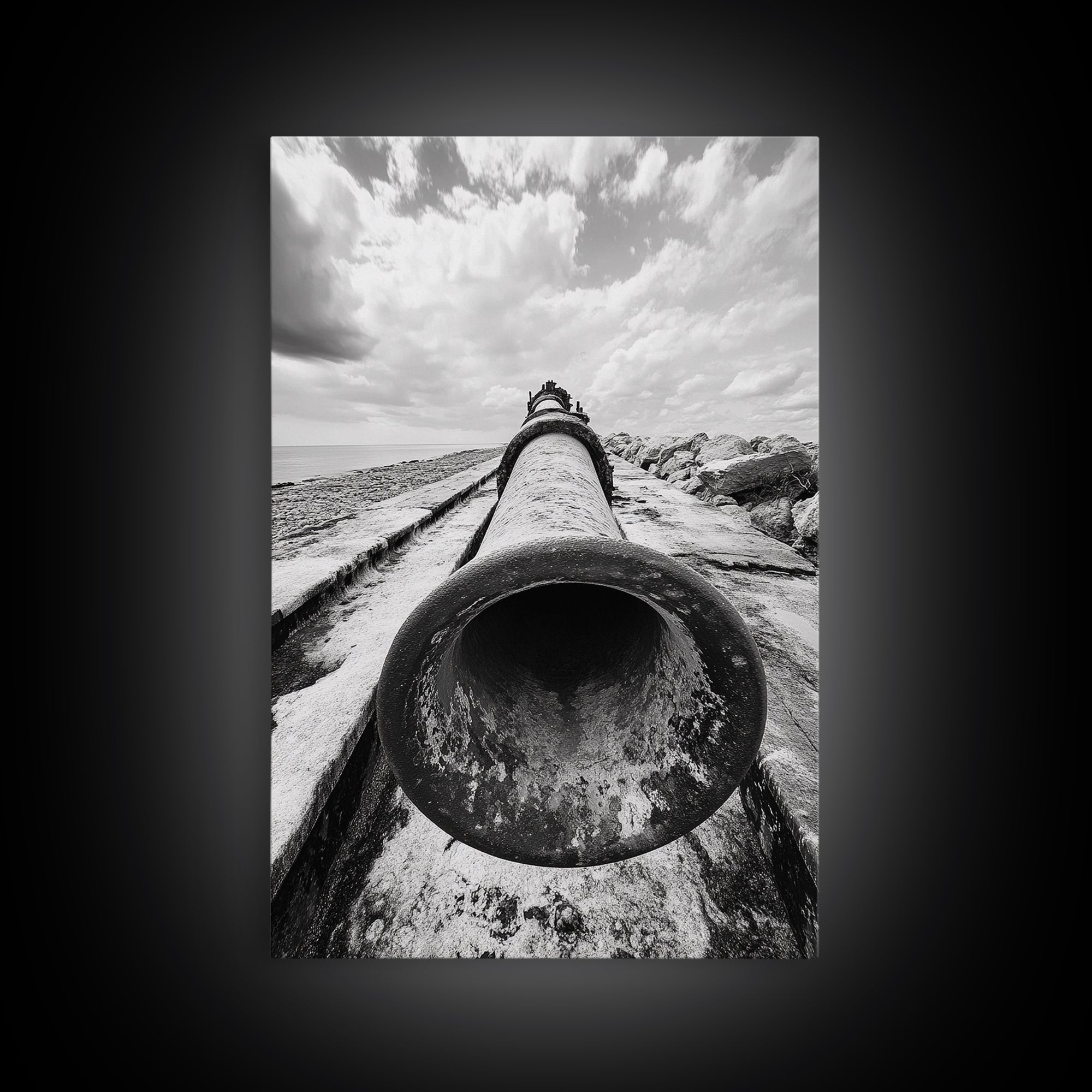 Abandoned Pipe, Coastal Decay, Industrial Remains, Framed Canvas Print, Urban Exploration Art, Gritty Minimalist Decor