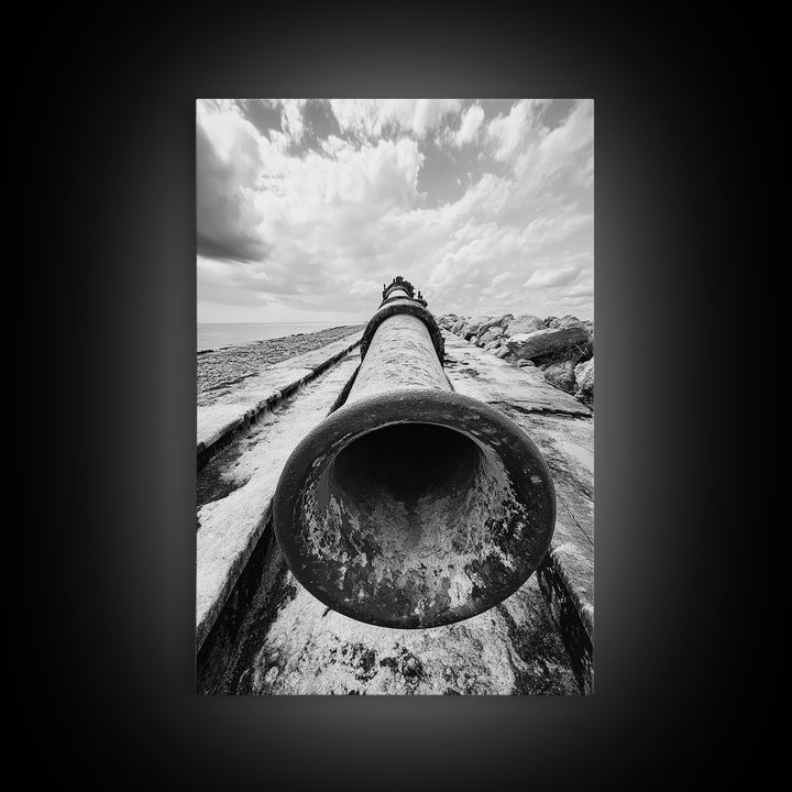 Abandoned Pipe, Coastal Decay, Industrial Remains, Framed Canvas Print, Urban Exploration Art, Gritty Minimalist Decor