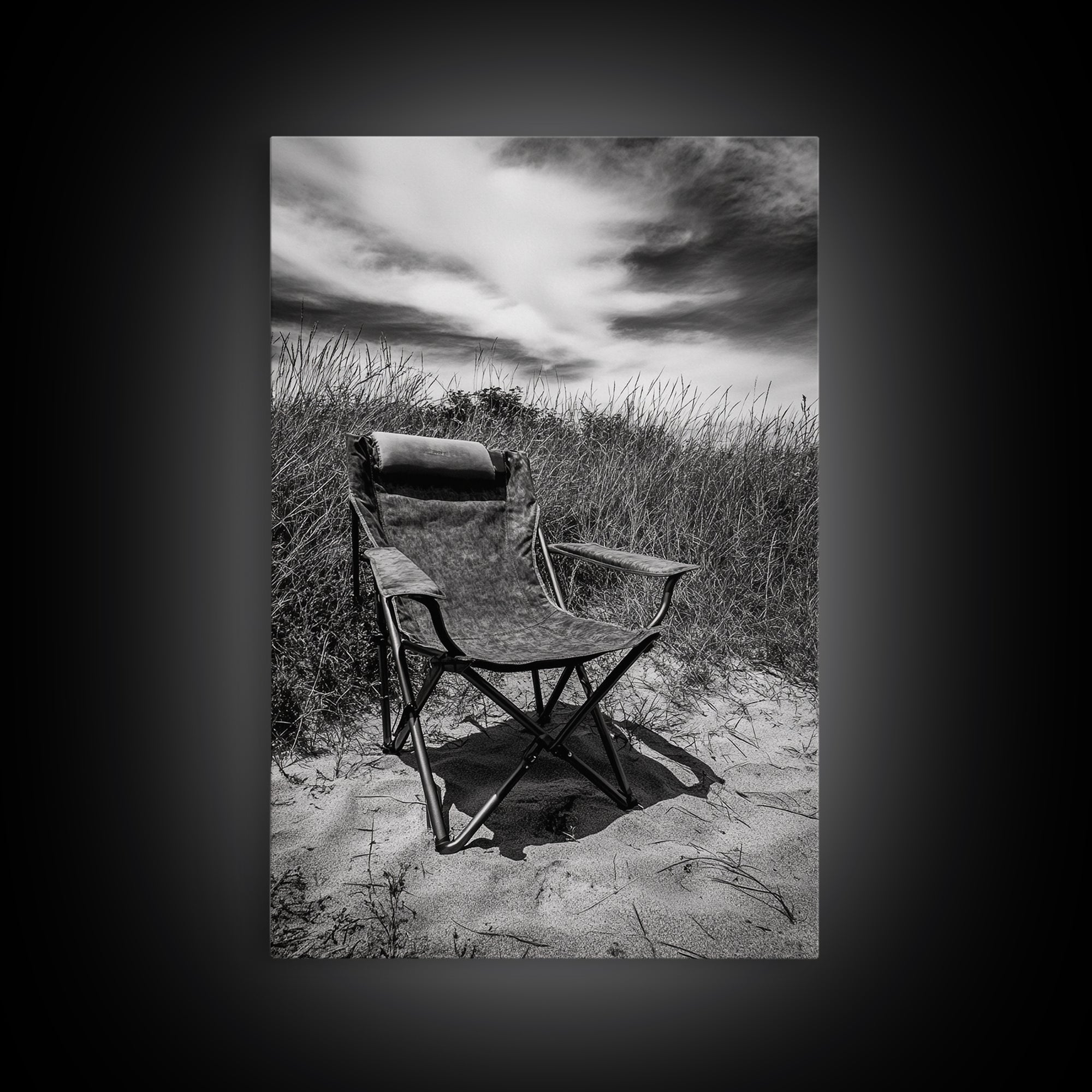 Deserted beach chair, quiet coast vibes, windswept scene, peaceful solitude, Canvas Print, hallway decor, rustic retreat outdoor artwork