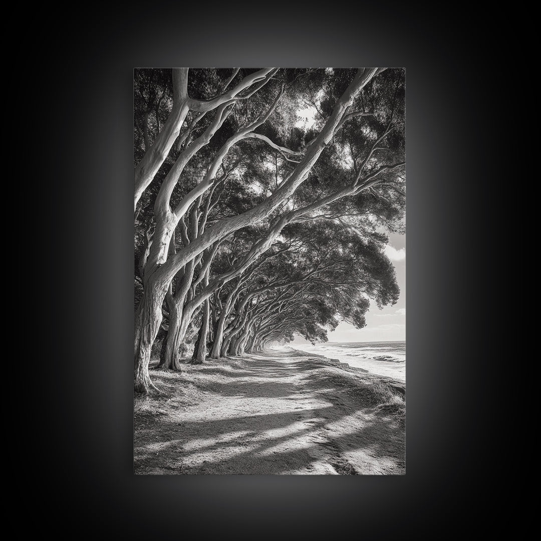 Coastal Tree Path, Nature Shadows, Ocean Breeze, Autumn Light, Framed Canvas Print, Living Room Wall Art, Moody Landscape Photography