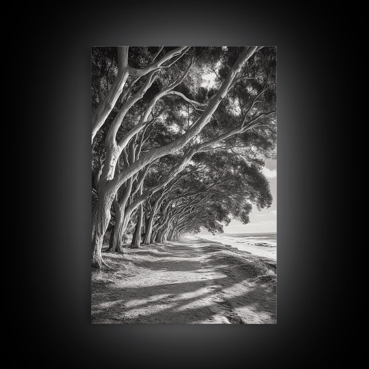 Coastal Tree Path, Nature Shadows, Ocean Breeze, Autumn Light, Framed Canvas Print, Living Room Wall Art, Moody Landscape Photography