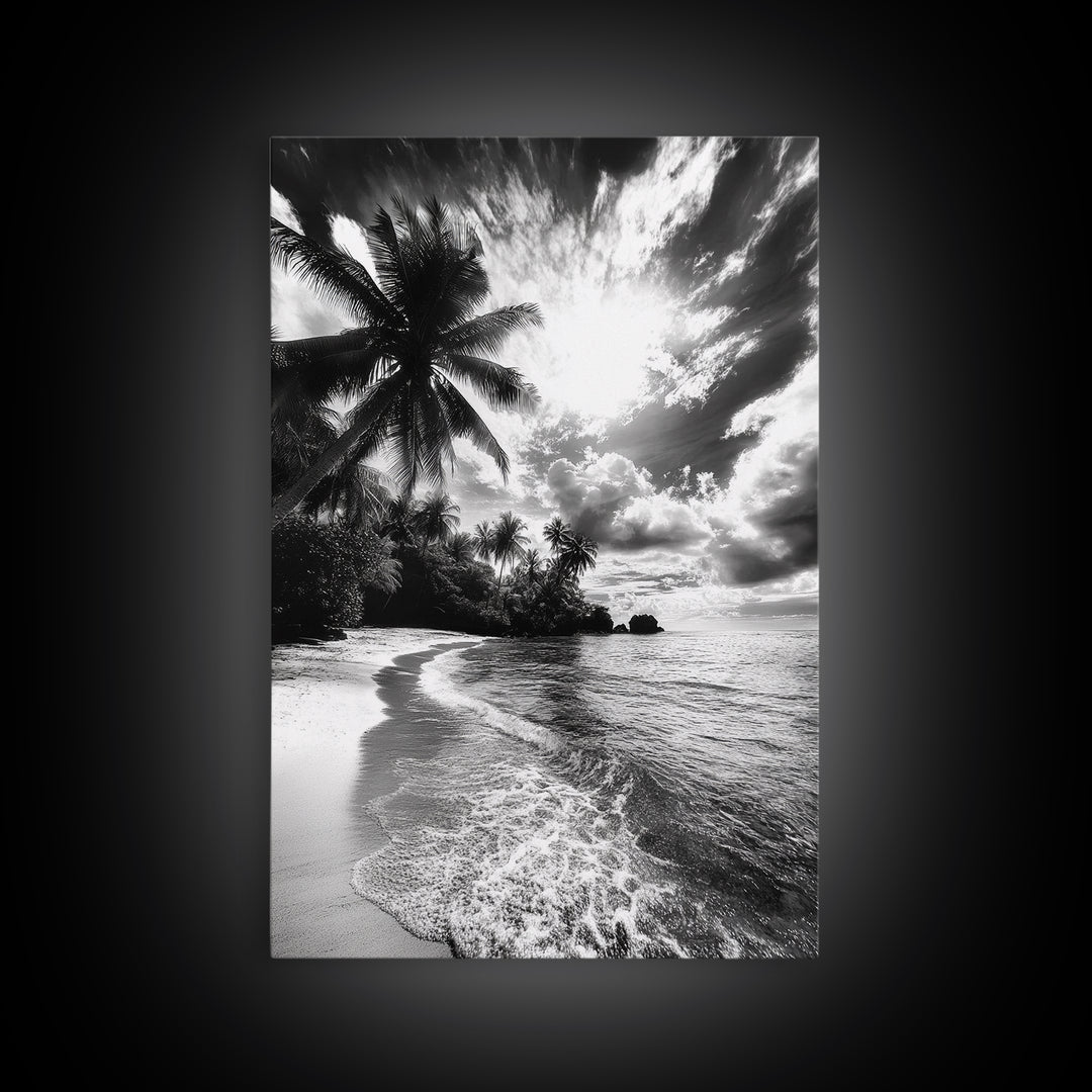 Tropical Sunset Beach, Palms and Waves, Cloudy Skies, Island Vibes, Framed Canvas Print, Coastal Wall Art, Beach House Decor