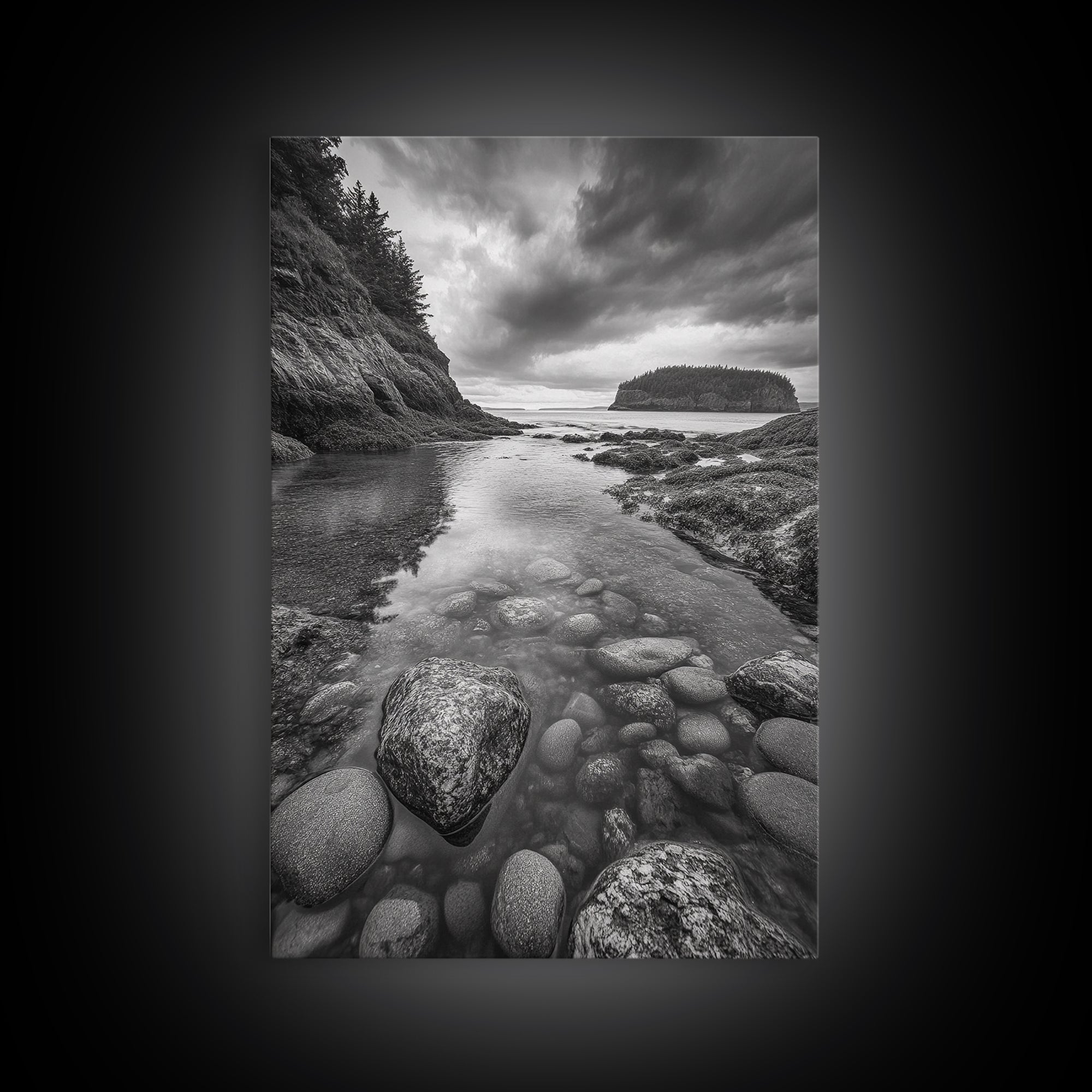 Rocky Shoreline Calm, Pebble Tidepool, Ocean Cliffs, Nature Escape, Canvas Print, Bathroom Wall Art, Black and White Coastal Art