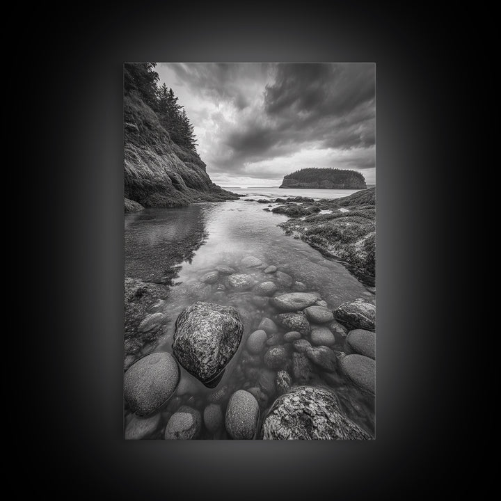 Rocky Shoreline Calm, Pebble Tidepool, Ocean Cliffs, Nature Escape, Canvas Print, Bathroom Wall Art, Black and White Coastal Art