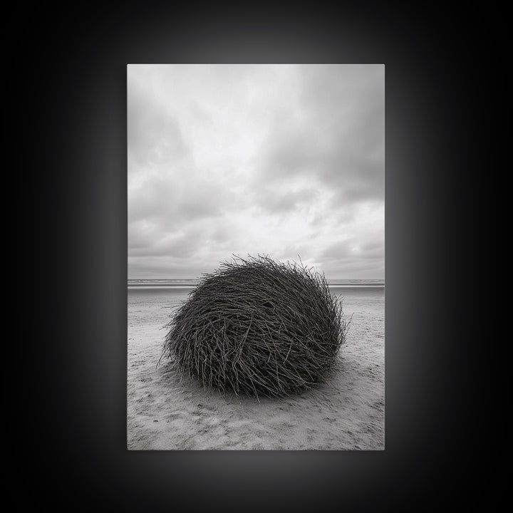 Windswept Beach Nest, Natural Sculpture, Driftwood Ball, Solitude Scene, Canvas Print, Minimalist Wall Art, Neutral Bedroom Decor