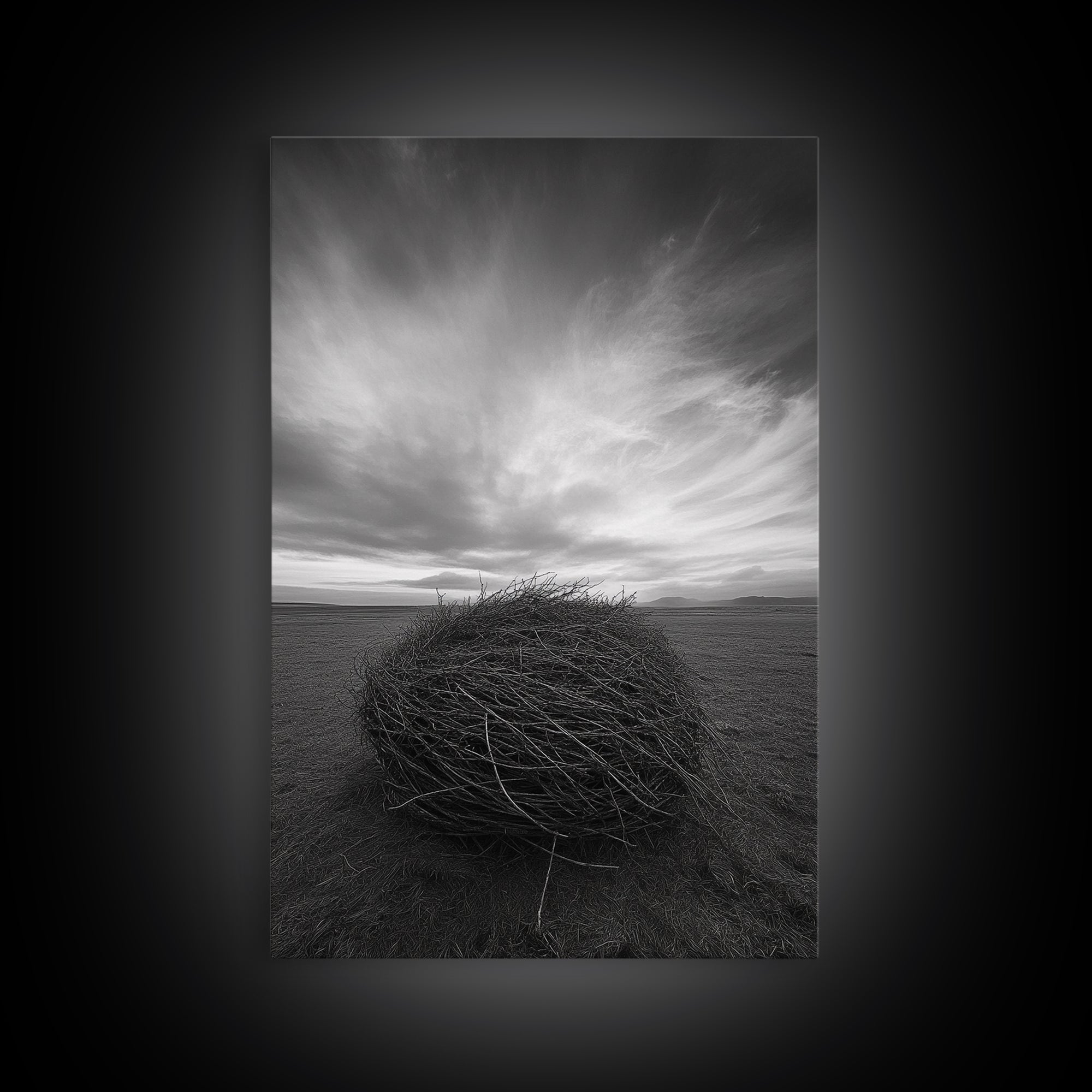 Twilight Field Nest, Tumbleweed Art, Desert Calm, Grassy Plains, Framed Canvas Print, Entryway Wall Art, Boho Nature Landscape