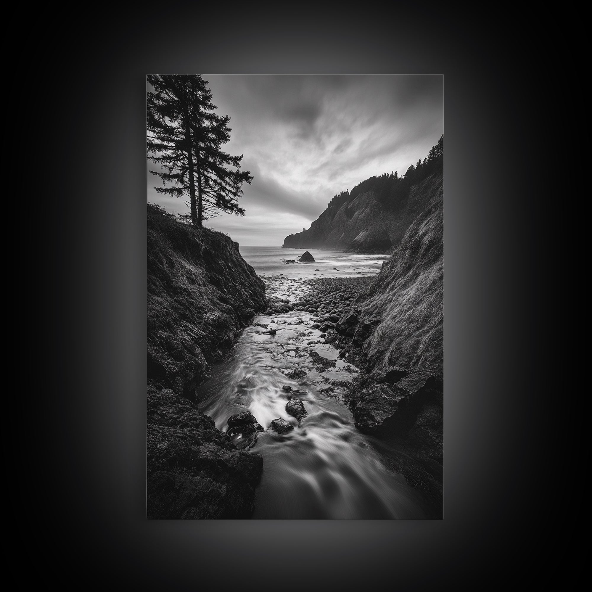 River Meets Sea, Forest Coast, Rugged Beauty, Sunset Flow, Canvas Print, Nature Wall Art, Moody Living Room Landscape