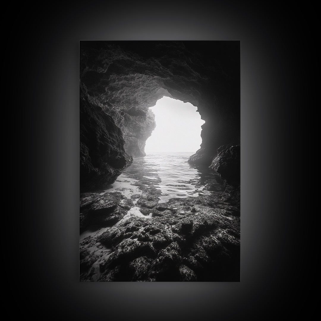 Sea Cave Entrance, Ocean Grotto, Light Escape, Rocky Tide, Canvas Print, Bathroom Wall Art, Black and White Seascape Photo