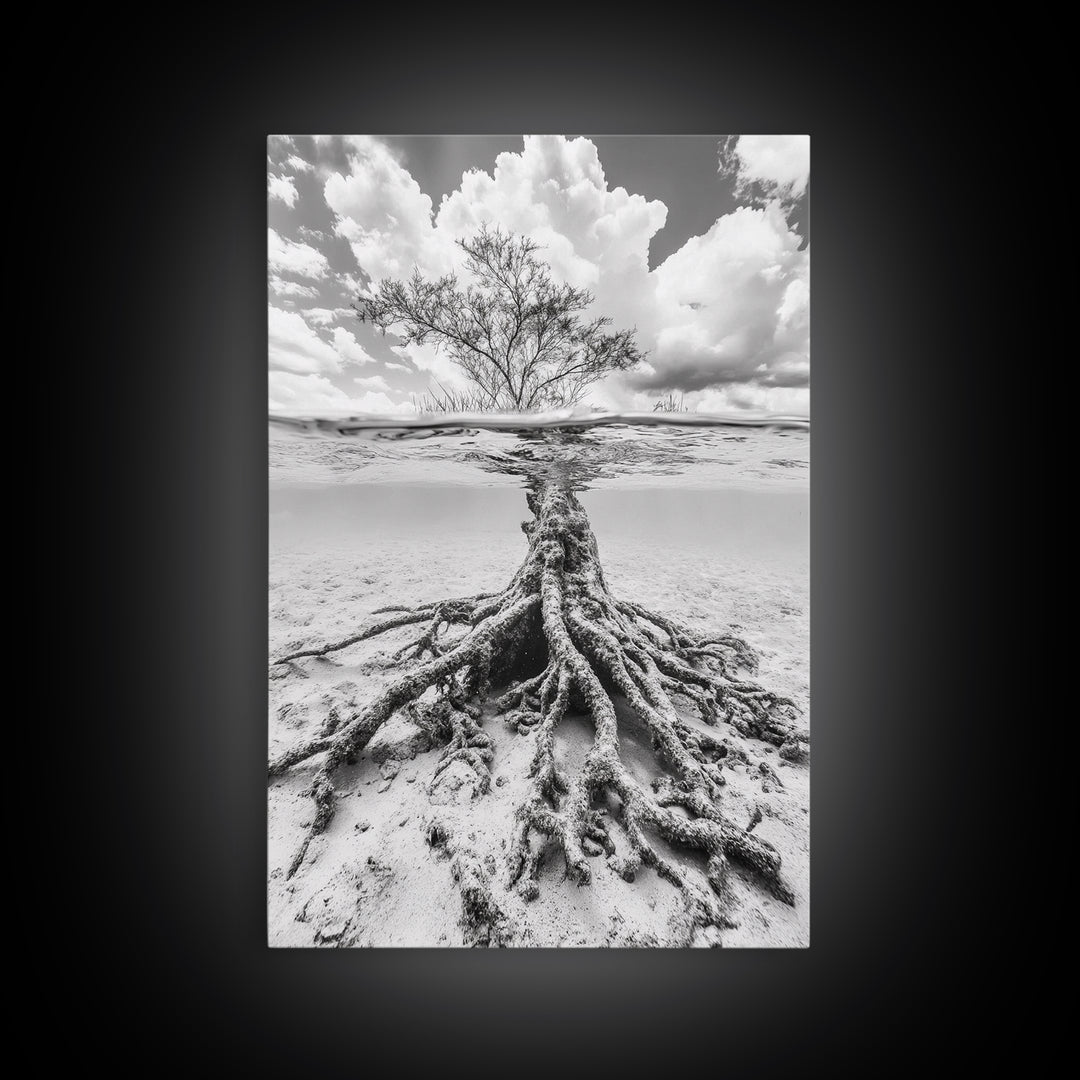 Half Underwater Tree, Split View Nature, Aquatic Roots, Stormy Skies, Framed Canvas Print, Coastal Wall Art, Unique Nature Photography