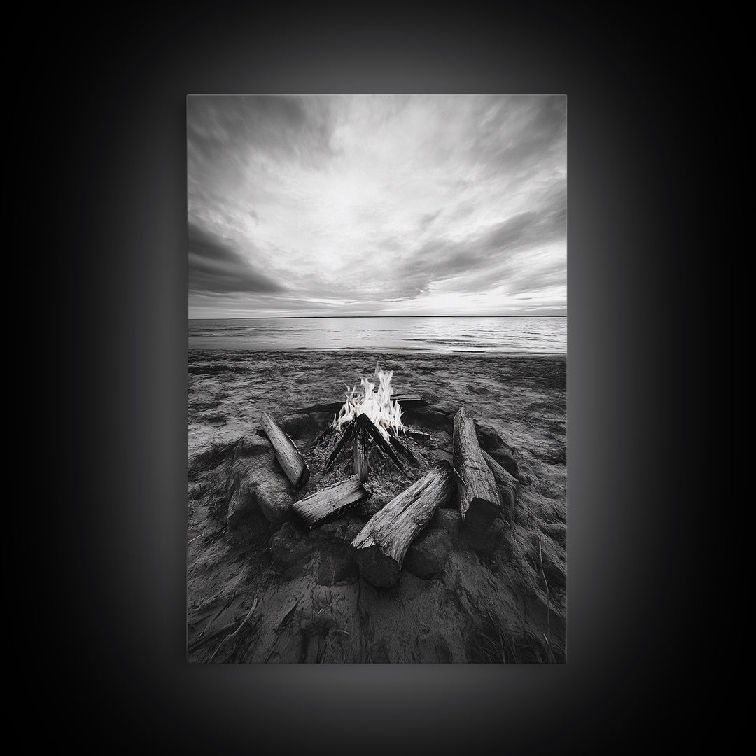 Coastal campfire glow, serene seaside bonfire, sunset flames, sandy warmth, Framed Canvas Print, Fall decor, cozy cabin wall art