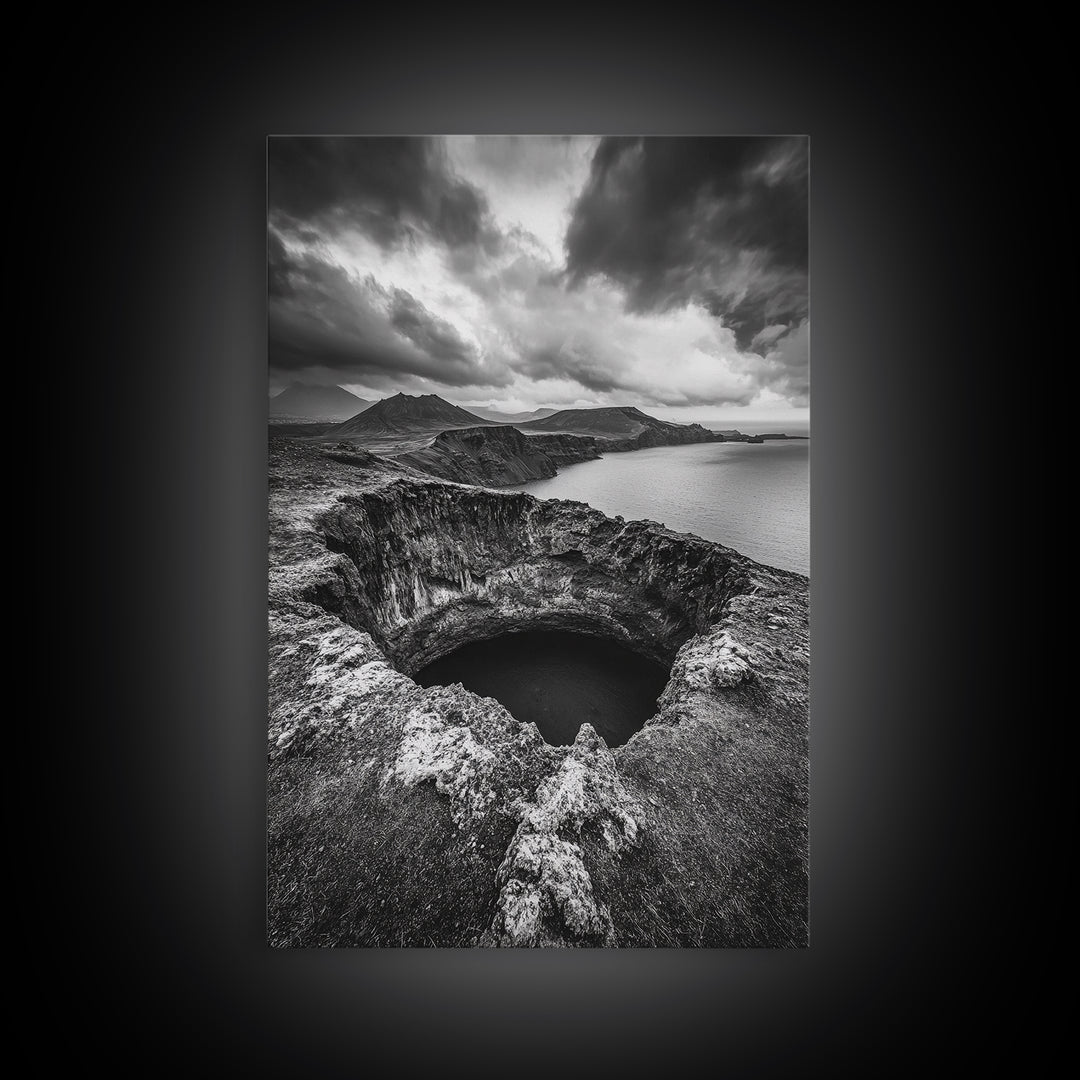 Crater Overlook Coast, Stormy Sky Mountains, Ocean Cliffs, Rugged Wilderness, Canvas Print, Den Wall Art, Moody Black and White Art