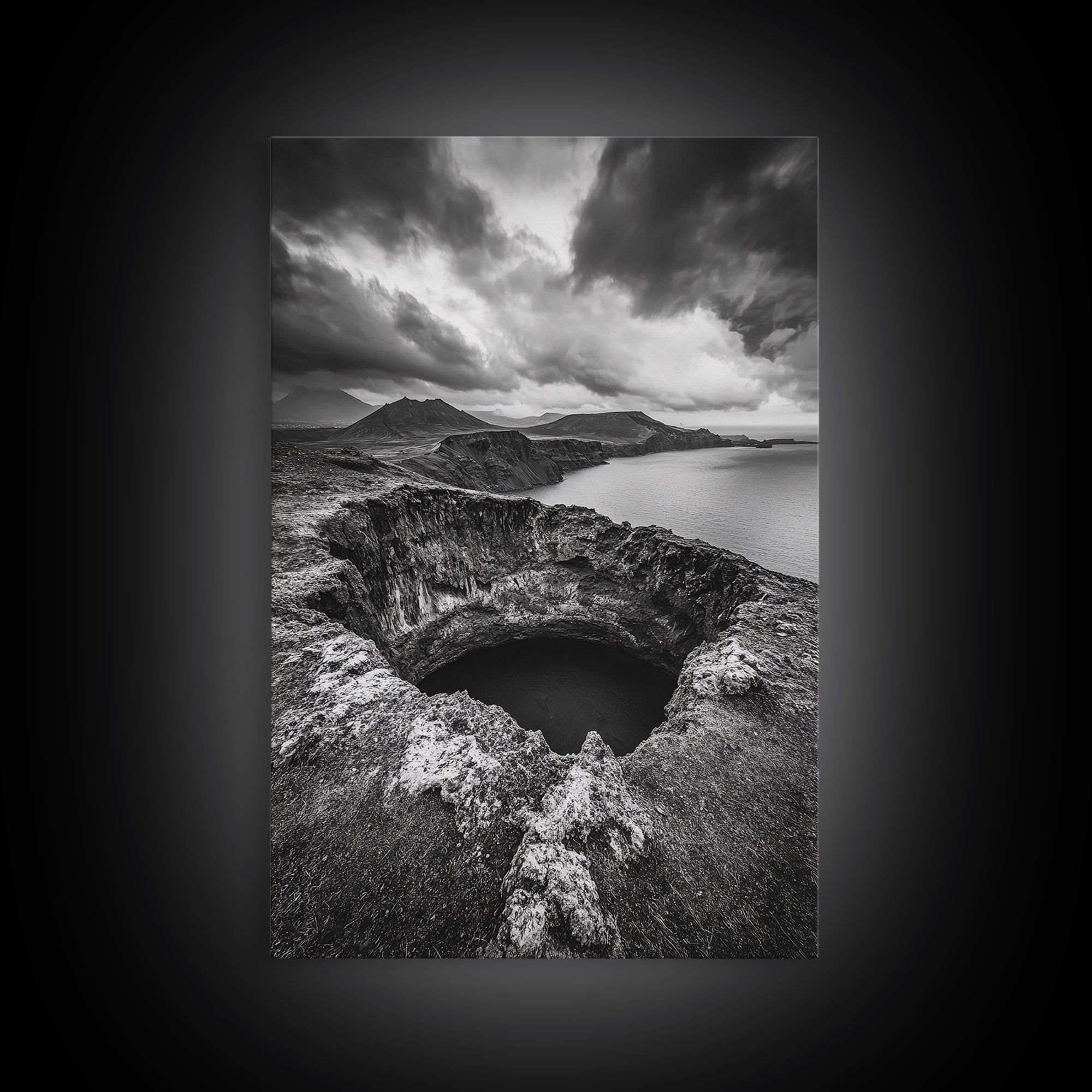 Crater Overlook Coast, Stormy Sky Mountains, Ocean Cliffs, Rugged Wilderness, Canvas Print, Den Wall Art, Moody Black and White Art