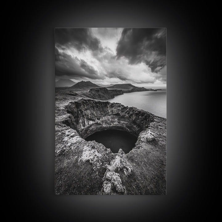 Crater Overlook Coast, Stormy Sky Mountains, Ocean Cliffs, Rugged Wilderness, Canvas Print, Den Wall Art, Moody Black and White Art