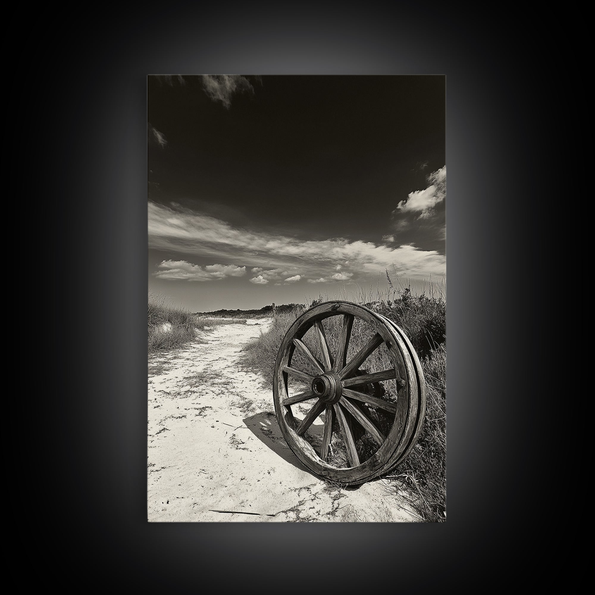 Desert Path, Wagon Wheel, Western Minimalism, Canvas Print, Boho Wall Decor, Neutral Tones, Entryway Art, Rustic Country Style