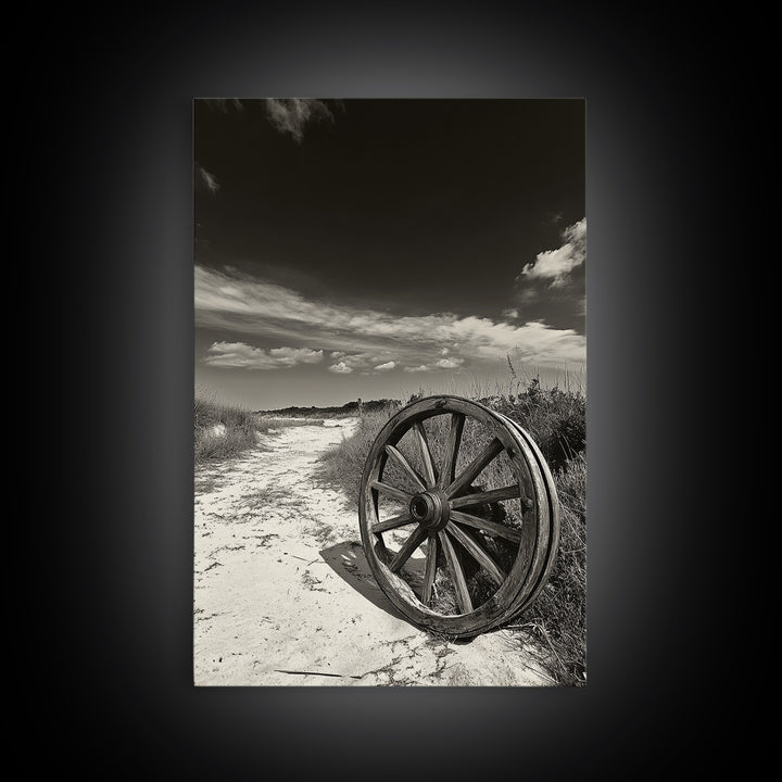 Desert Path, Wagon Wheel, Western Minimalism, Canvas Print, Boho Wall Decor, Neutral Tones, Entryway Art, Rustic Country Style