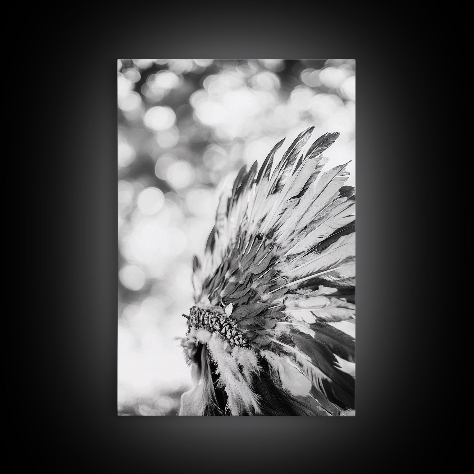 Feather Headdress, Native Style, Tribal Detail, Canvas Print, Boho Wall Decor, Cultural Art, Bedroom Accent, Earthy Minimalism
