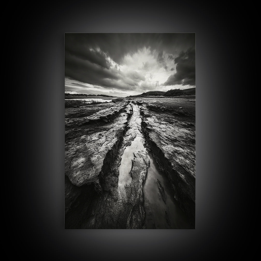 Muddy Terrain, Dramatic Sky, Natural Earth Art, Framed Canvas Print, Fall Decor, Landscape Photography, Moody Living Room Art