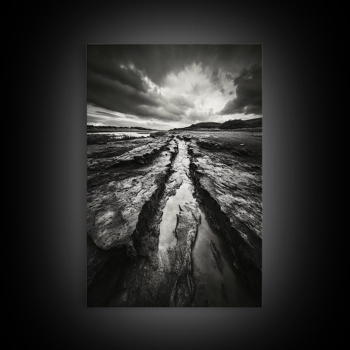 Muddy Terrain, Dramatic Sky, Natural Earth Art, Framed Canvas Print, Fall Decor, Landscape Photography, Moody Living Room Art