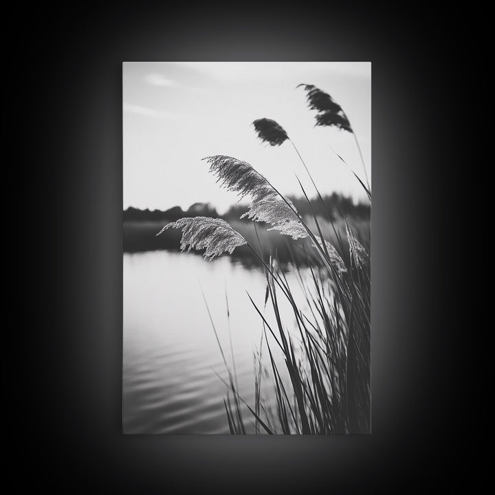Reed Grass, Gentle Breeze, Black and White Nature, Canvas Print, Minimalist Wall Art, Tranquil Lake Scene, Bedroom Decor