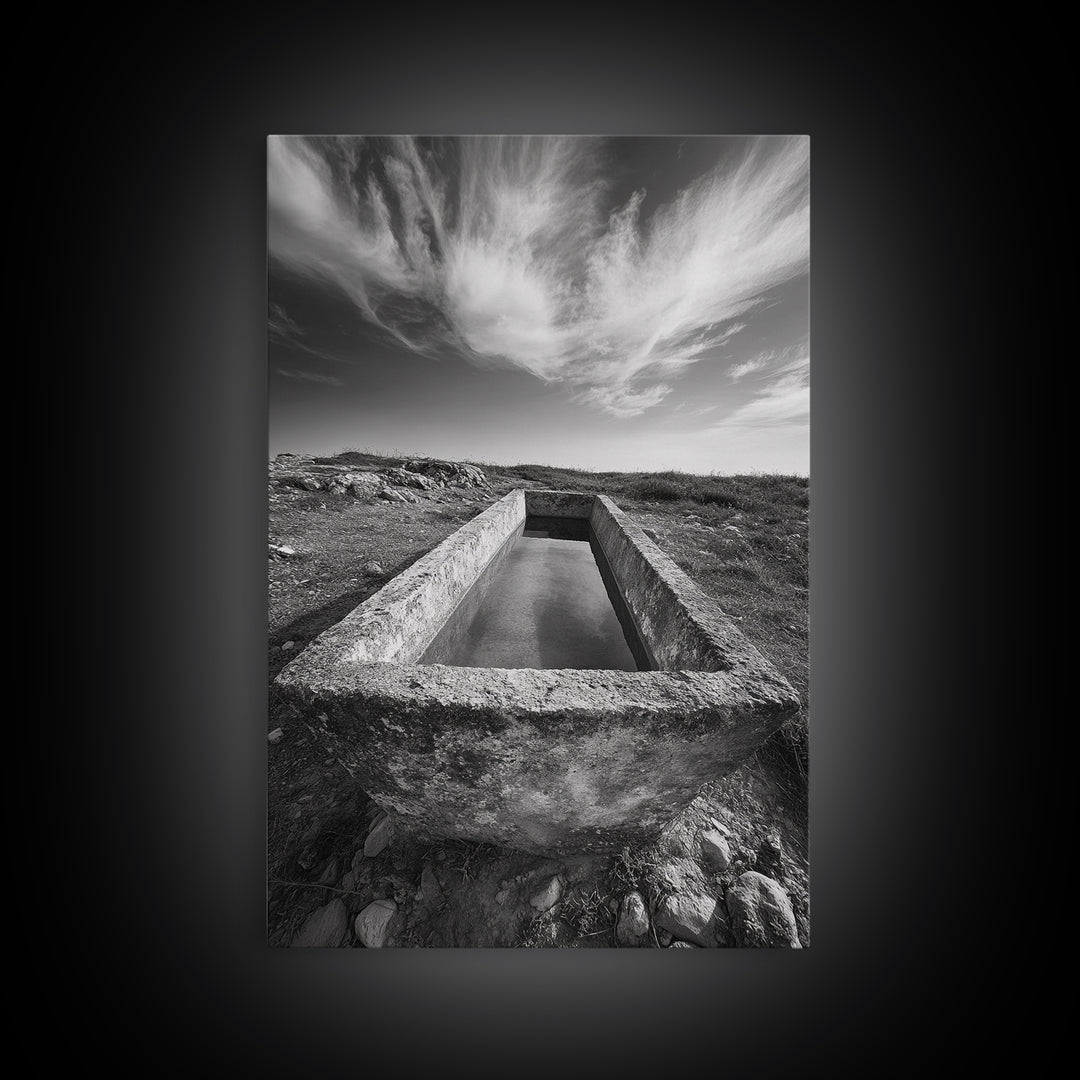 Stone Water Trough, Wild Horizon, Rustic Scene, Framed Canvas Print, Country Farm Decor, Outdoor Living Art, Neutral Wall Accent
