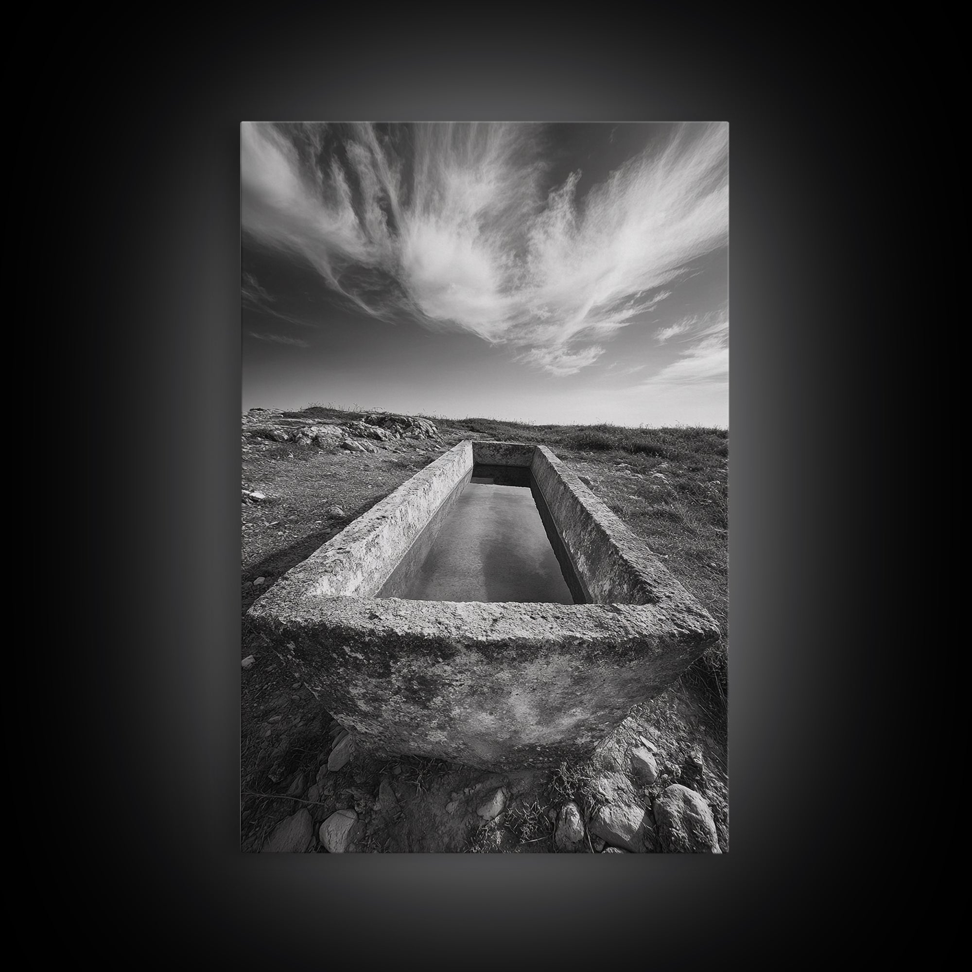 Stone Water Trough, Wild Horizon, Rustic Scene, Framed Canvas Print, Country Farm Decor, Outdoor Living Art, Neutral Wall Accent