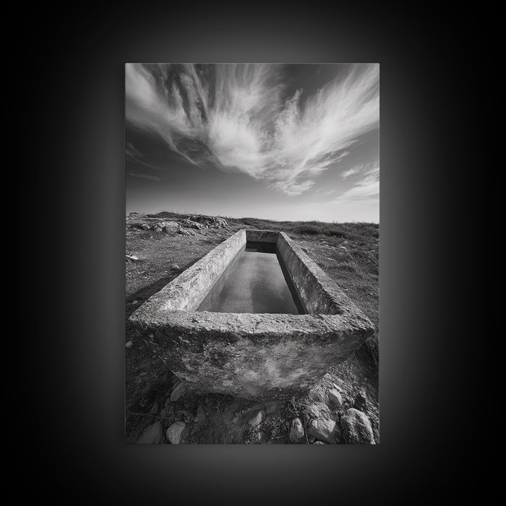 Stone Water Trough, Wild Horizon, Rustic Scene, Framed Canvas Print, Country Farm Decor, Outdoor Living Art, Neutral Wall Accent