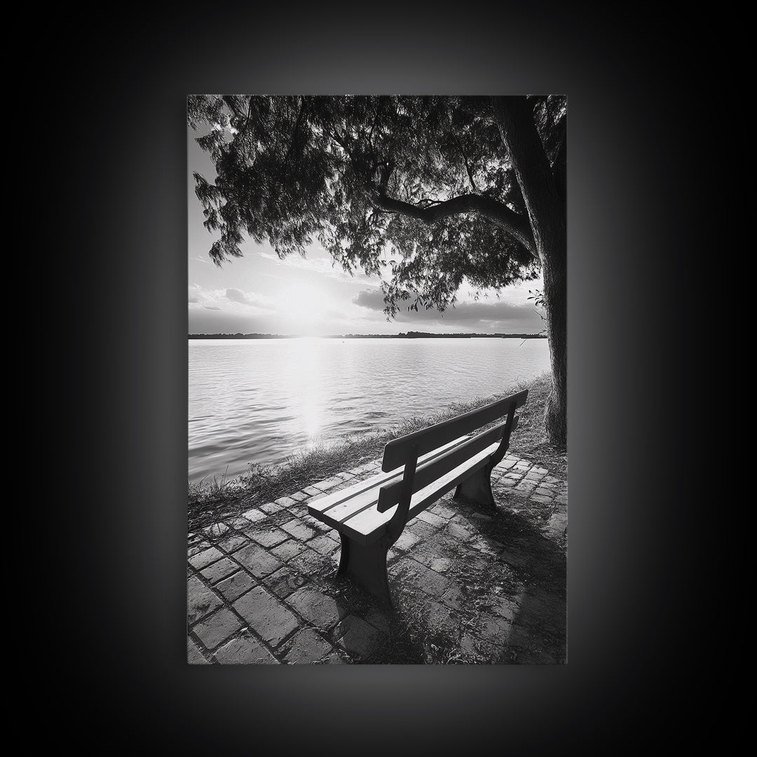 Peaceful Lake Bench, Tranquil Sunrise, Tree Shade View, Nature Serenity, Framed Canvas Print, Minimalist Art, Bedroom Wall Decor