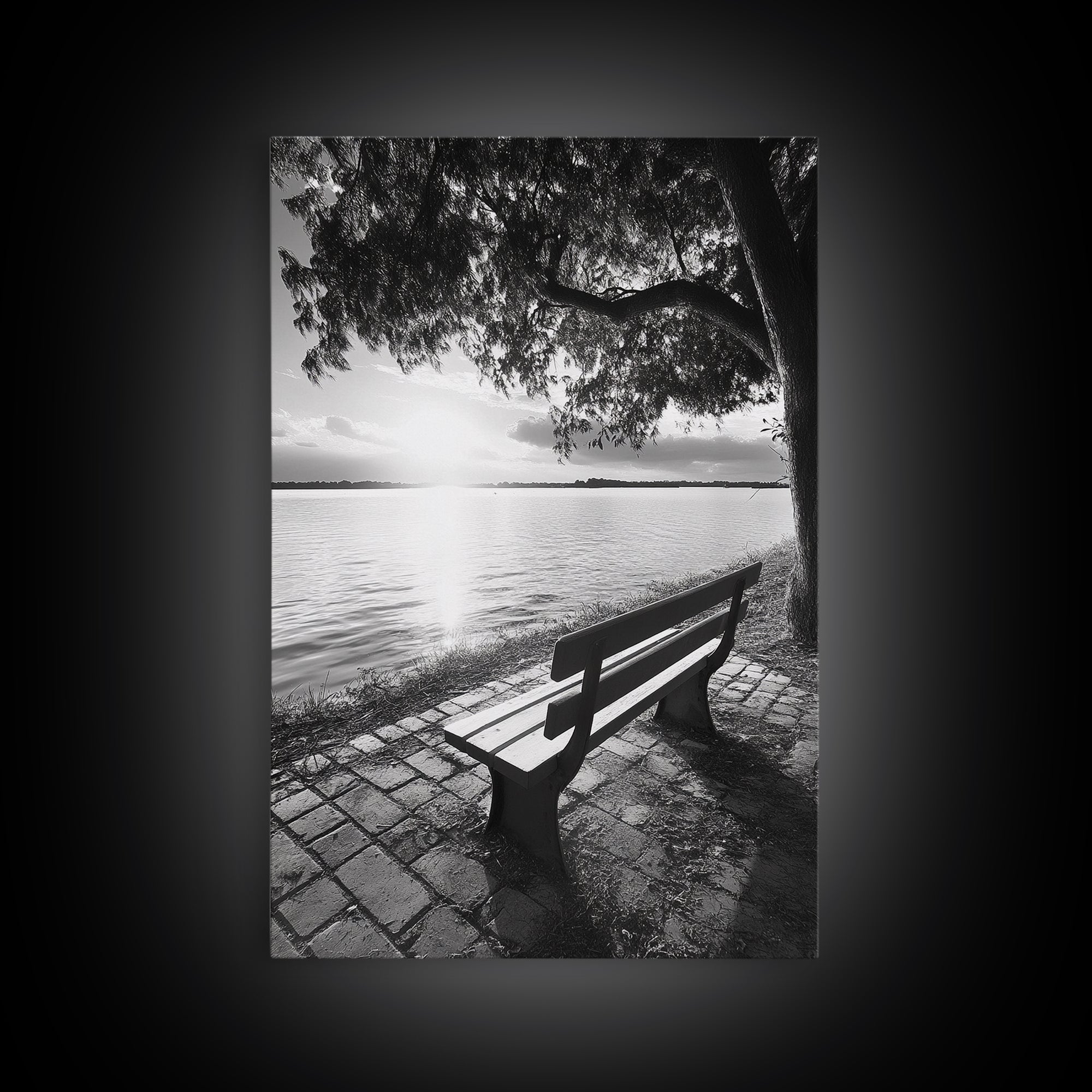 Peaceful Lake Bench, Tranquil Sunrise, Tree Shade View, Nature Serenity, Framed Canvas Print, Minimalist Art, Bedroom Wall Decor