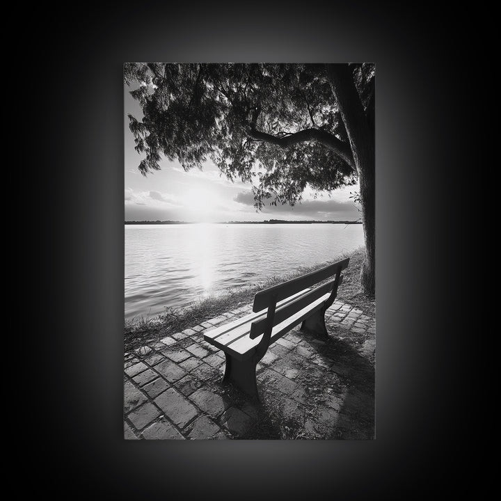 Peaceful Lake Bench, Tranquil Sunrise, Tree Shade View, Nature Serenity, Framed Canvas Print, Minimalist Art, Bedroom Wall Decor