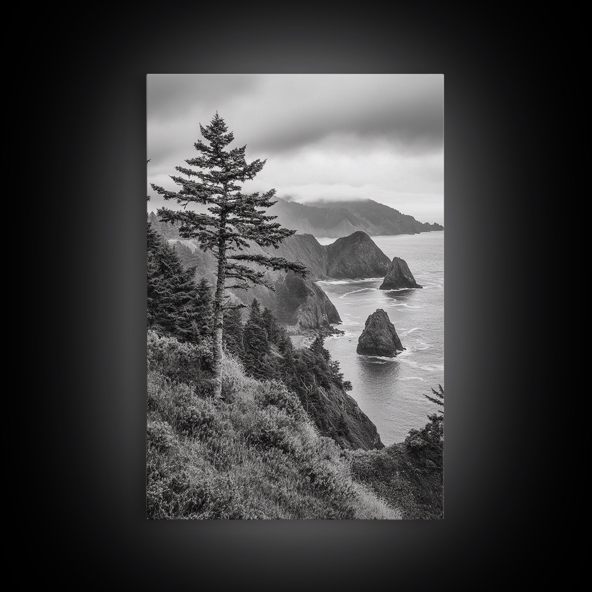Oregon Coastline View, Misty Cliffs, Evergreen Forest, Coastal Vibes, Framed Canvas Print, Rustic Cabin Art, Living Room Wall Decor