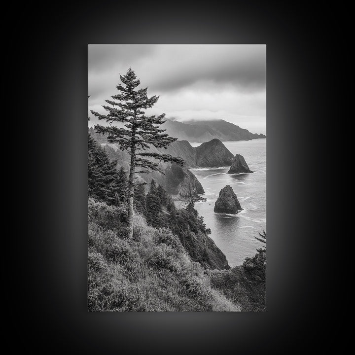 Oregon Coastline View, Misty Cliffs, Evergreen Forest, Coastal Vibes, Framed Canvas Print, Rustic Cabin Art, Living Room Wall Decor