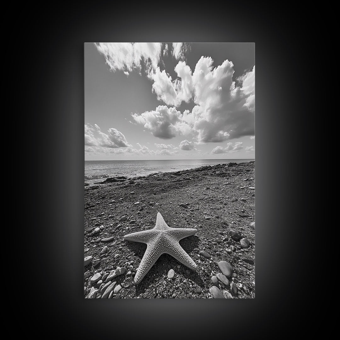 Starfish on Shore, Rocky Beach Scene, Cloudy Sky Horizon, Ocean Calm, Framed Canvas Print, Coastal Art, Bathroom Wall Decor