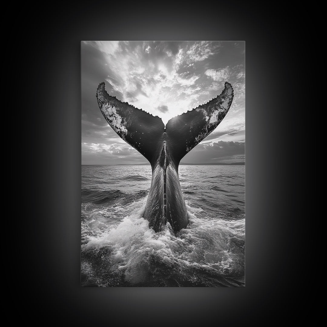 Whale Tail Splash, Ocean Sunset, Marine Majesty, Powerful Moment, Framed Canvas Print, Nautical Art, Coastal Living Room Decor