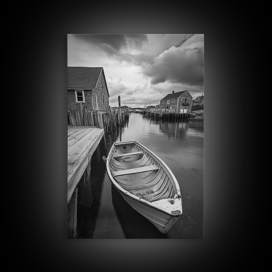 Docked Rowboat Scene, Calm Harbor, Coastal Village, Still Waters, Framed Canvas Print, Seaside Art, Beach House Wall Decor