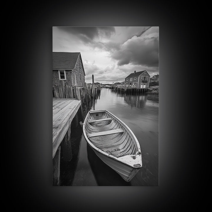 Docked Rowboat Scene, Calm Harbor, Coastal Village, Still Waters, Framed Canvas Print, Seaside Art, Beach House Wall Decor