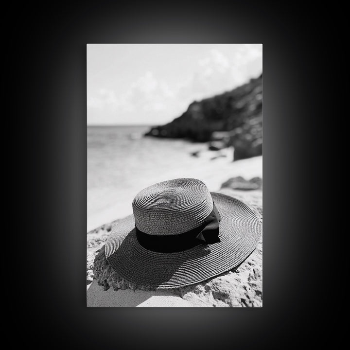 Beach Hat Closeup, Seaside Fashion, Coastal Breeze, Relaxed Mood, Framed Canvas Print, Minimalist Beach Art, Summer Home Decor