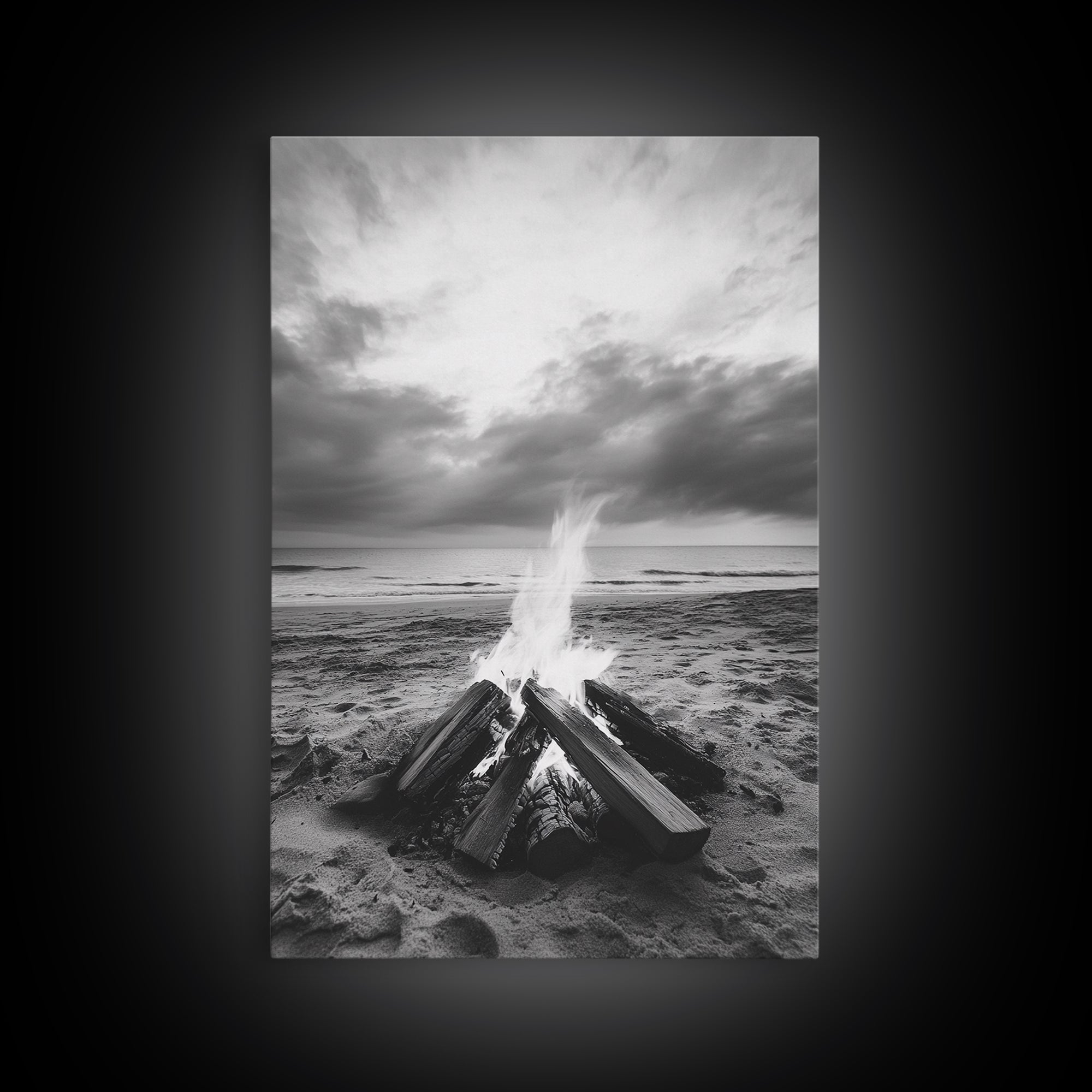 Beach bonfire moment, soft flame serenity, ocean dusk, coastal camp vibes, Framed Canvas Print, Fall decor, hygge inspired wall decor