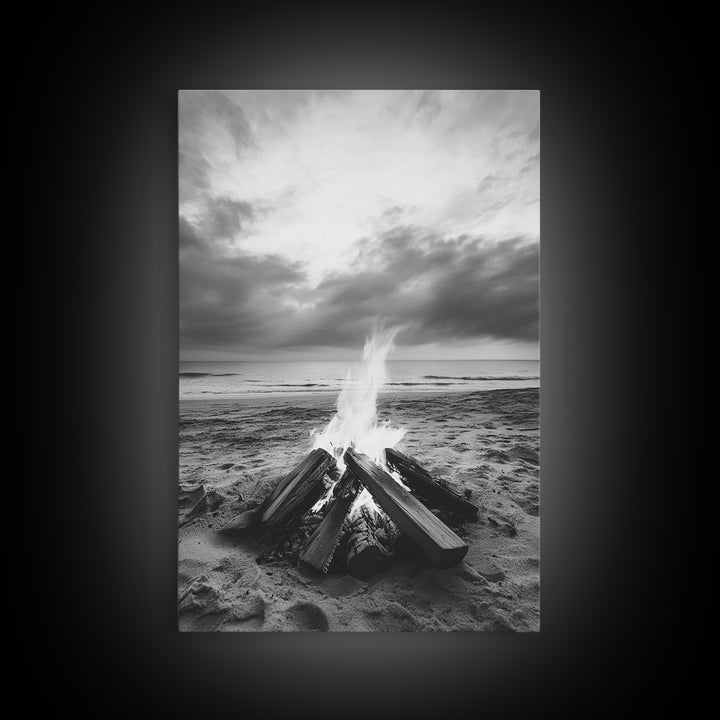 Beach bonfire moment, soft flame serenity, ocean dusk, coastal camp vibes, Framed Canvas Print, Fall decor, hygge inspired wall decor