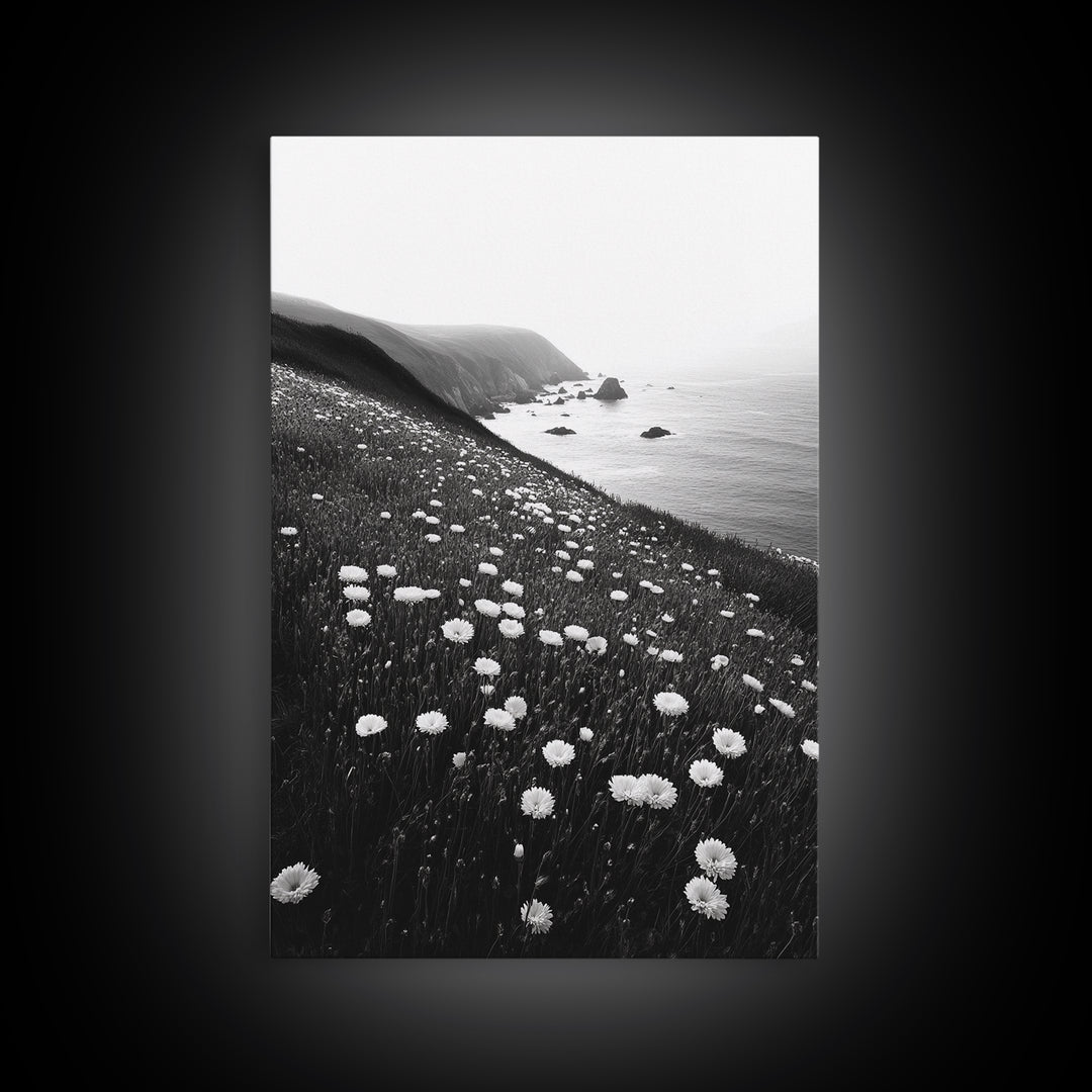 Daisy Cliffside Bloom, Coastal Flowers, Peaceful Nature Scene, Framed Canvas Print, Bedroom Wall Art, Botanical Decor, Minimalist Style