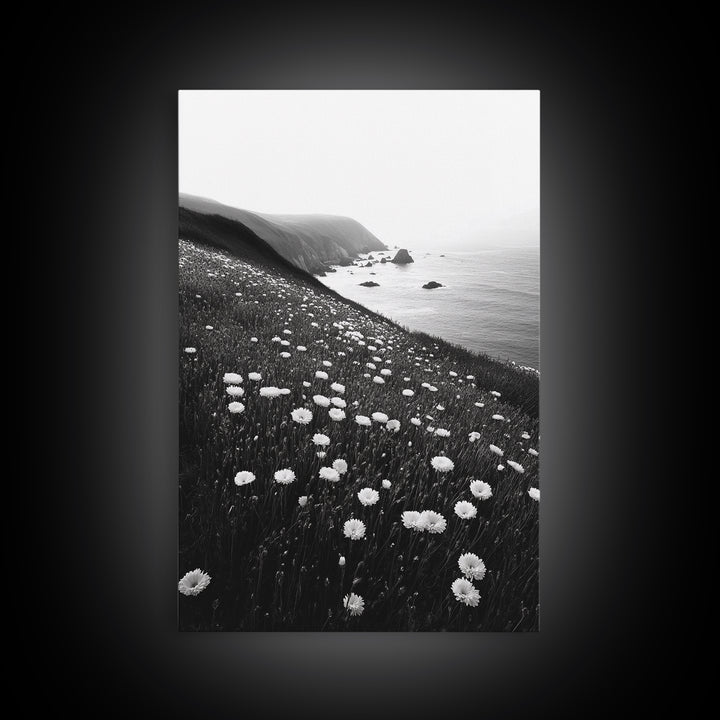 Daisy Cliffside Bloom, Coastal Flowers, Peaceful Nature Scene, Framed Canvas Print, Bedroom Wall Art, Botanical Decor, Minimalist Style