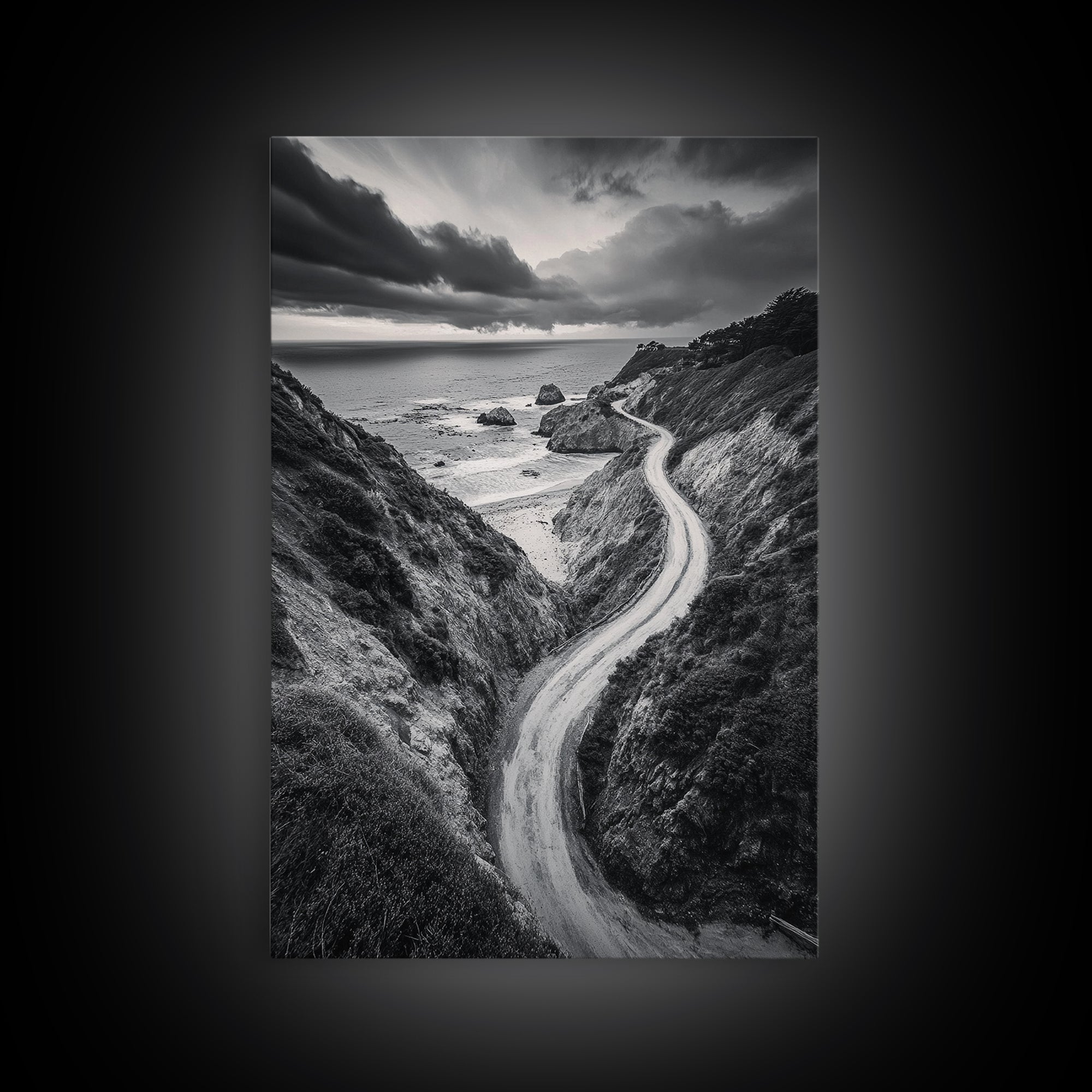 Coastal Road View, Cliffside Journey, Seaside Drive, Moody Landscape, Canvas Print, Living Room Art, Adventure Wall Art, Wanderlust Decor