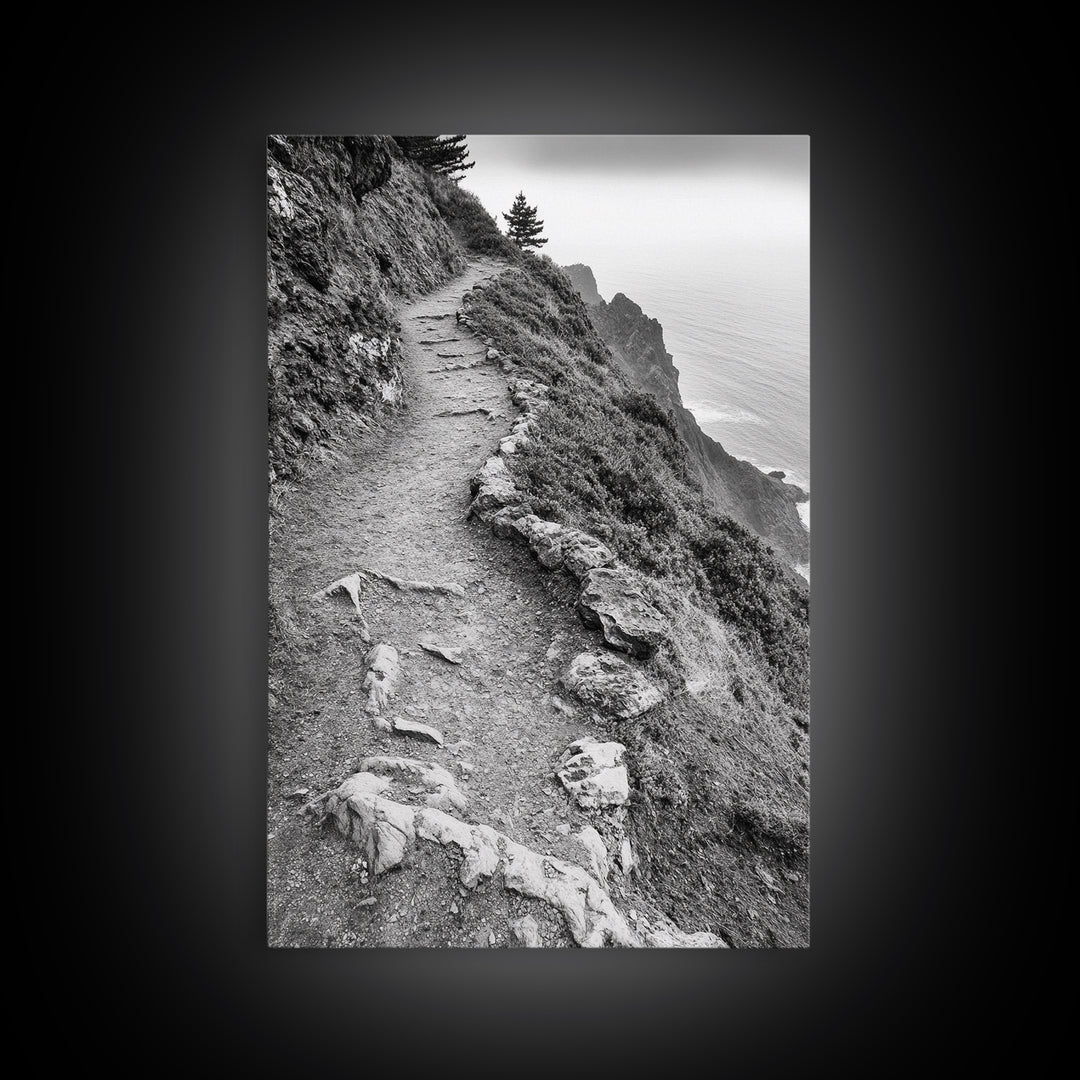 Rocky Cliff Trail, Coastal Hiking, Rugged Landscape, Nature Adventure Art, Framed Canvas Print, Cabin Wall Decor, Black and White Aesthetic