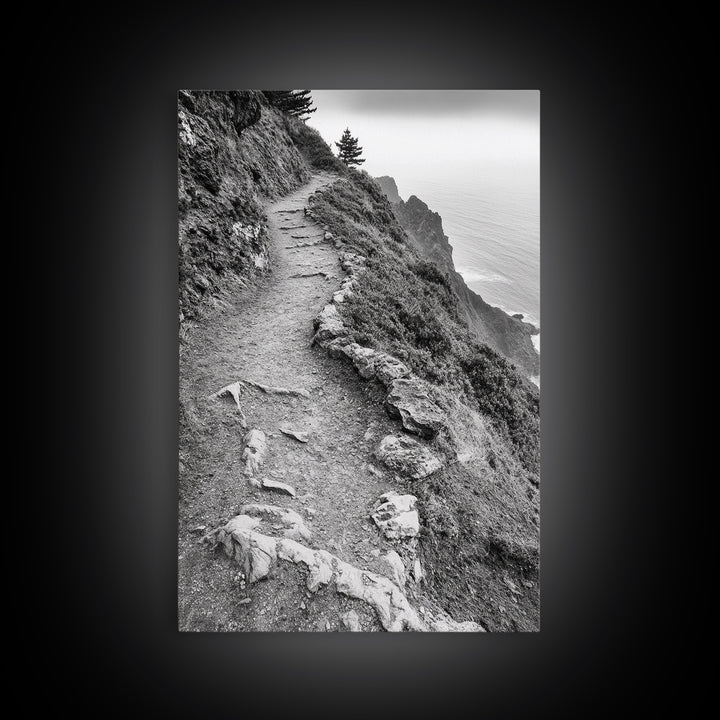 Rocky Cliff Trail, Coastal Hiking, Rugged Landscape, Nature Adventure Art, Framed Canvas Print, Cabin Wall Decor, Black and White Aesthetic