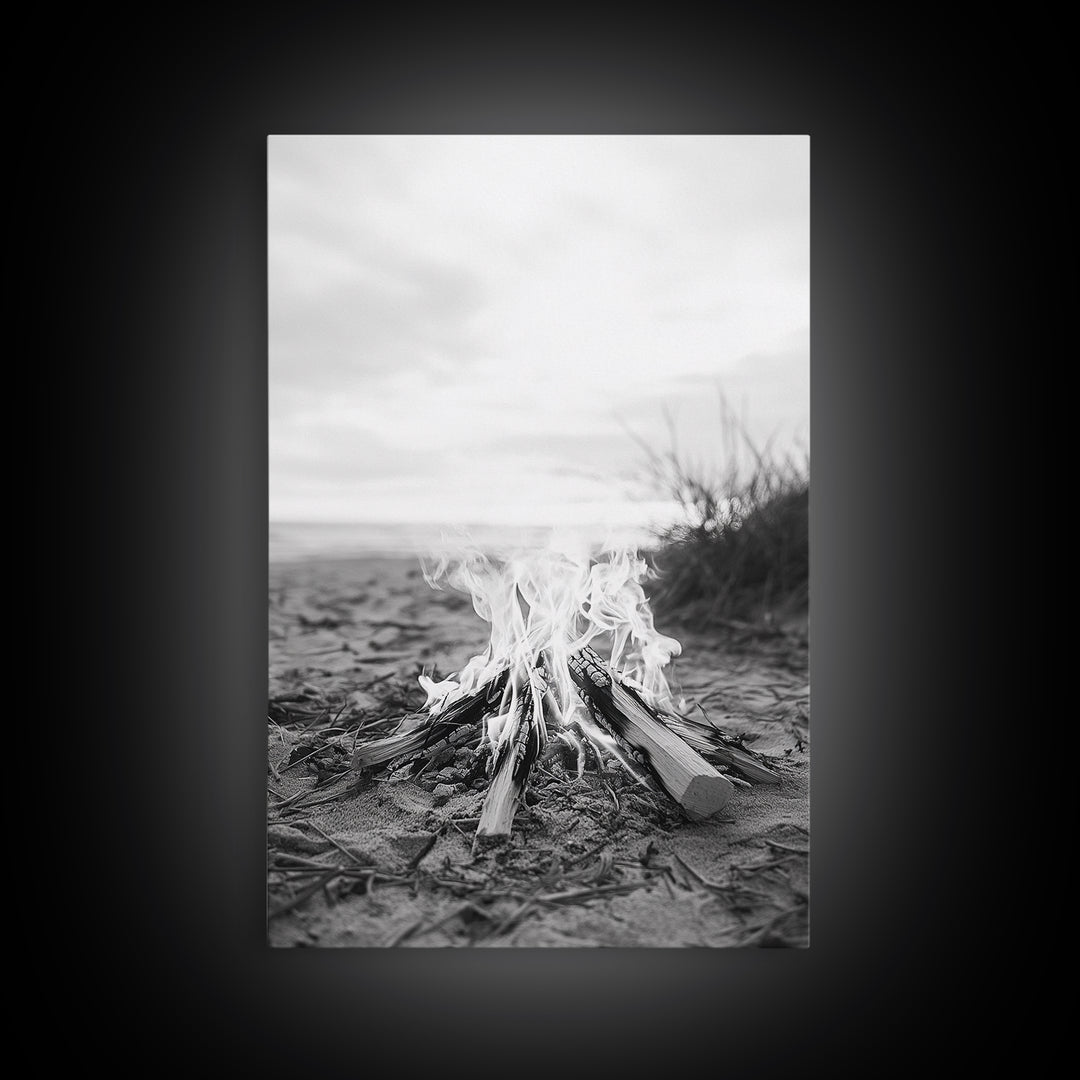 Campfire, Beach, Smoke, Glow - Cozy outdoor scene with flickering flame, Canvas Print, perfect rustic cabin or camping decor, Autumn Wall Art